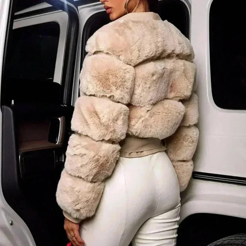 Khaki Casual Women's Faux Fur Spliced Faux Leather Double Belt Slim Warm Jacket - Picture 2 of 7